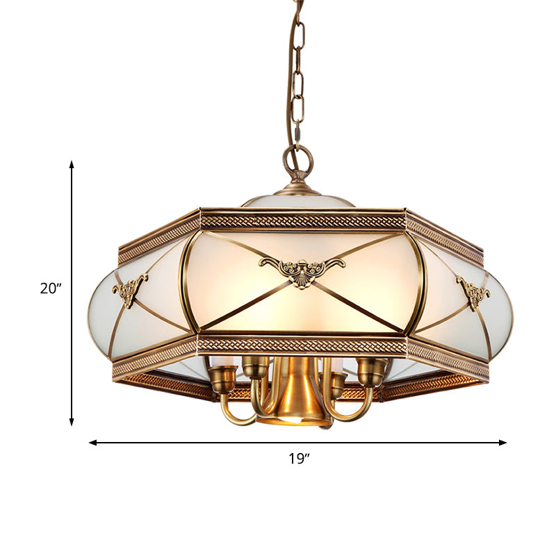Brass Hexagon Hanging Chandelier Colonial Satin Opal Glass 5 Lights Dining Room Ceiling Pendant