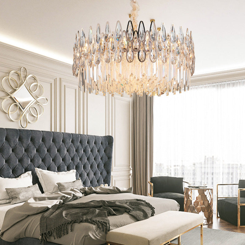 7 Köpfe Drum Kronleuchter anheizt Licht Einfacher klarer Tränenkristallhänge Deckenlicht