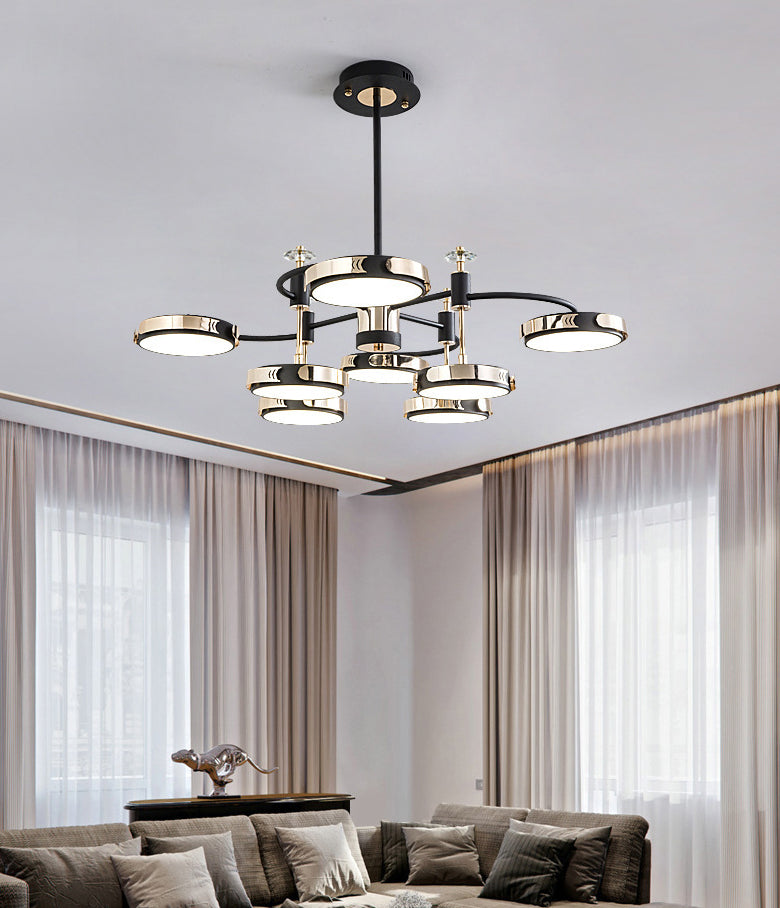 Postmoderne ronde kroonluchter metalen slaapkamer led suspensie licht in zwart-goud