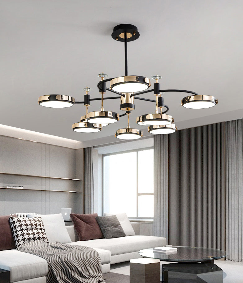 Postmoderne ronde kroonluchter metalen slaapkamer led suspensie licht in zwart-goud