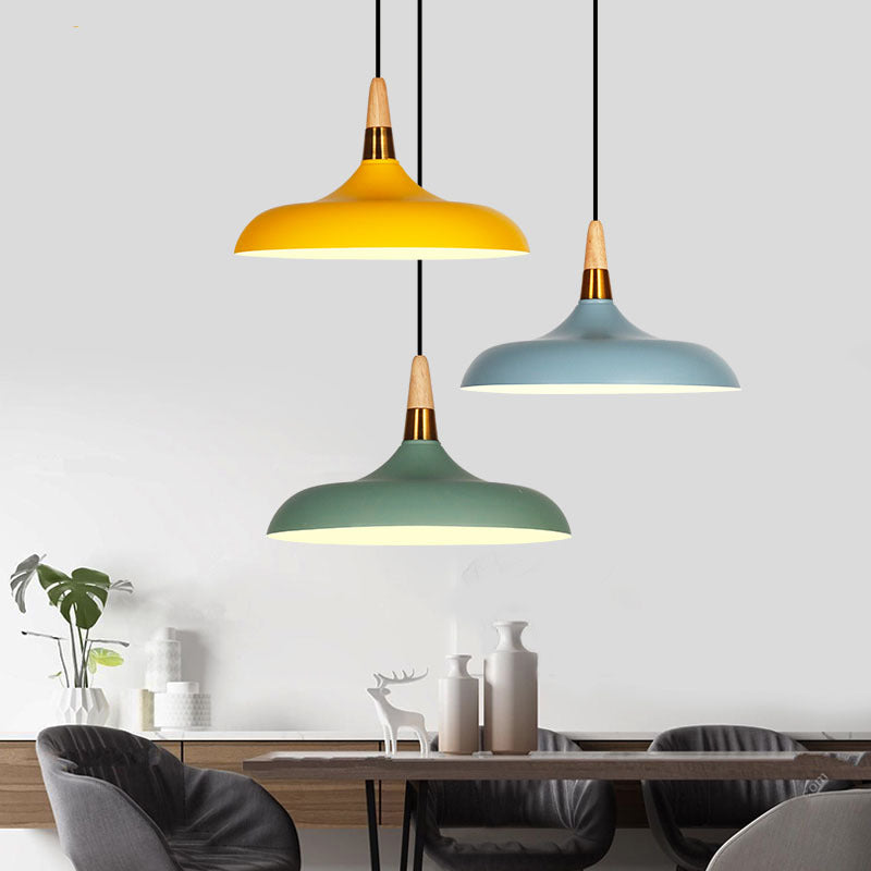 Macarons Industrial Barn Shade Pendant Light Metal 1-Light Restaurant Pendant Lighting with Wooden Top