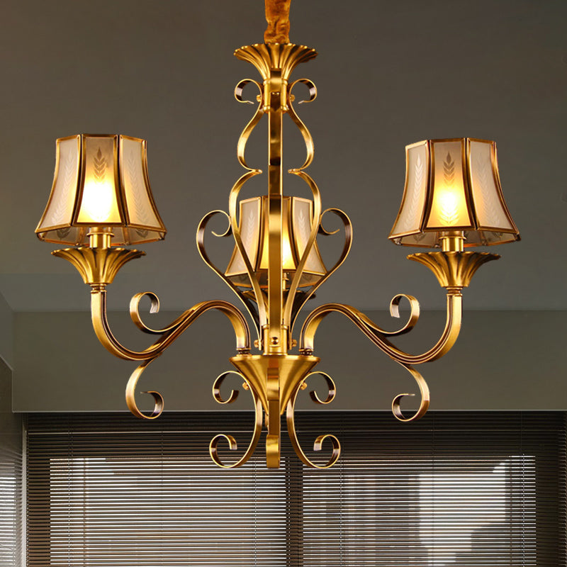 Curved Arm Metal Ceiling Chandelier Colonialism 3/5/6 Heads Living Room Suspension Lamp in Gold with Beige Frosted Glass Bell Shade