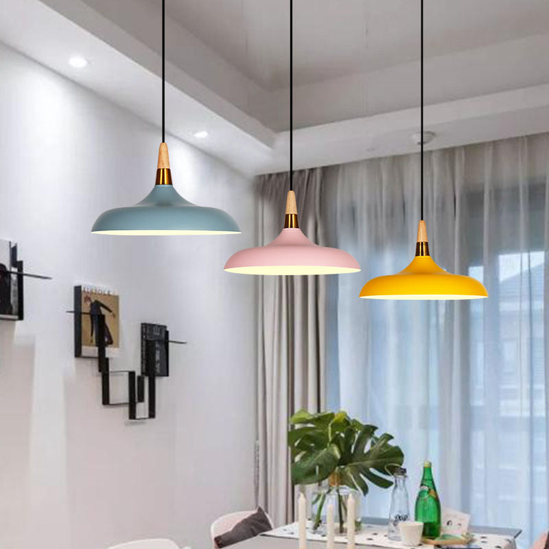 Macarons Industrial Barn Shade Pendant Light Metal 1-Light Restaurant Pendant Lighting with Wooden Top