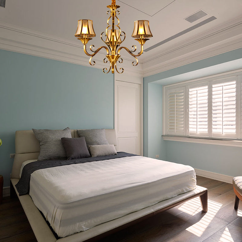 Curved Arm Metal Ceiling Chandelier Colonialism 3/5/6 Heads Living Room Suspension Lamp in Gold with Beige Frosted Glass Bell Shade
