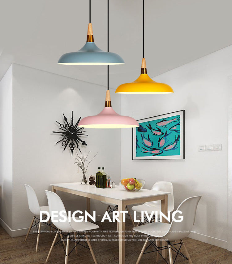 Macarons Industrial Barn Shade Pendant Light Metal 1-Light Restaurant Pendant Lighting with Wooden Top