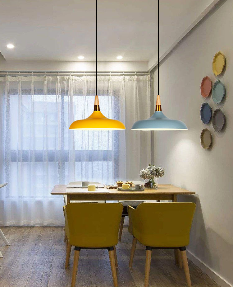 Macarons Industrial Barn Shade Pendant Light Metal 1-Light Restaurant Pendant Lighting with Wooden Top