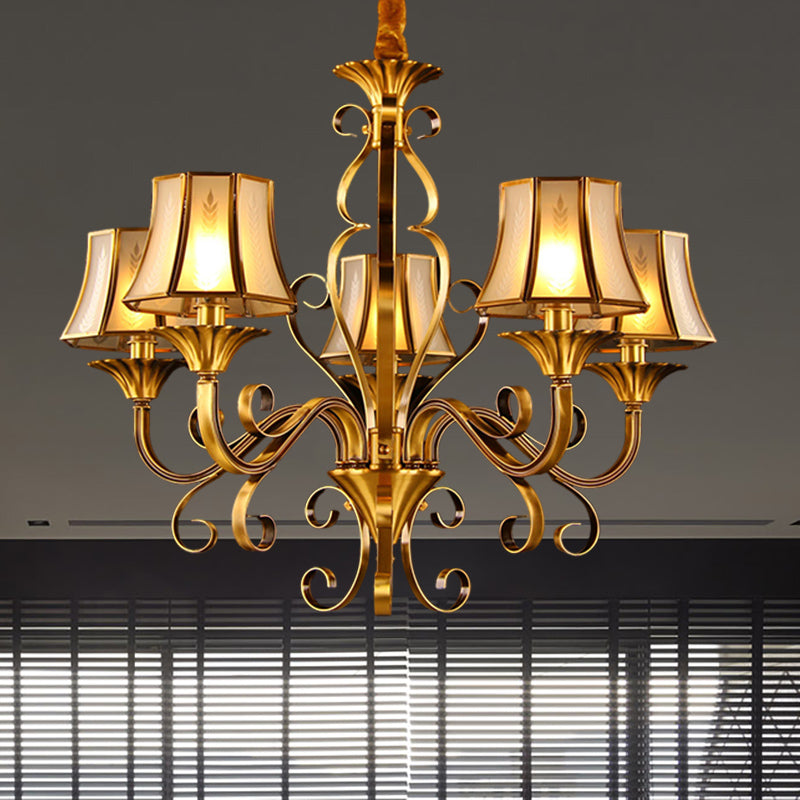 Curved Arm Metal Ceiling Chandelier Colonialism 3/5/6 Heads Living Room Suspension Lamp in Gold with Beige Frosted Glass Bell Shade