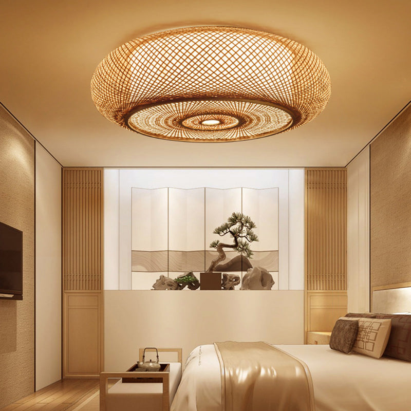 Lámpara de techo de montaje empotrado de tambor curvo de estilo moderno, iluminación de montaje empotrado de bambú Beige para sala de estar