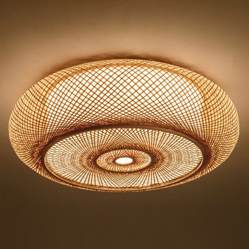 Lámpara de techo de montaje empotrado de tambor curvo de estilo moderno, iluminación de montaje empotrado de bambú Beige para sala de estar