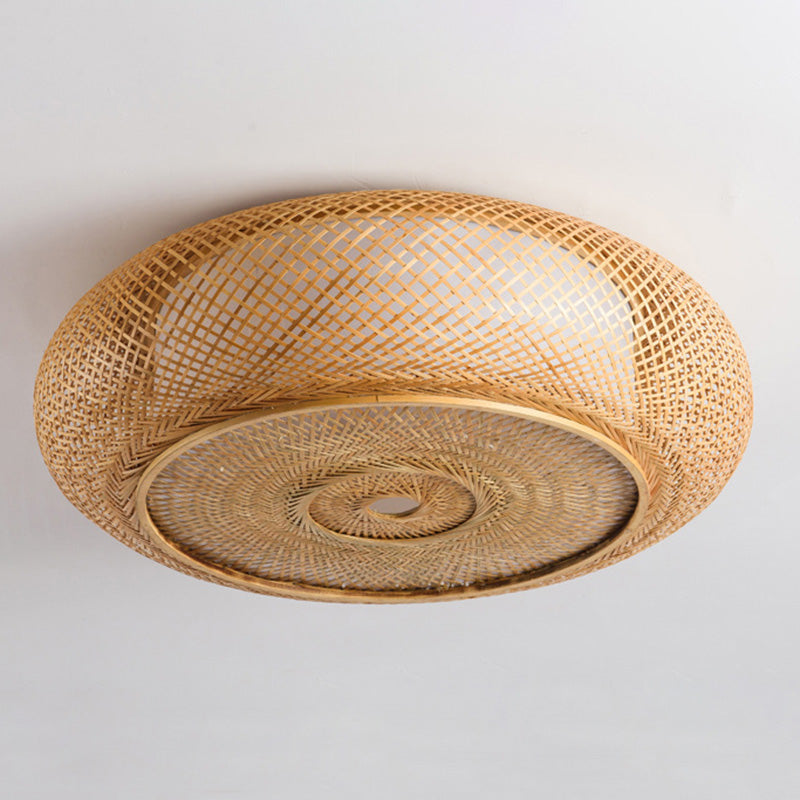 Lámpara de techo de montaje empotrado de tambor curvo de estilo moderno, iluminación de montaje empotrado de bambú Beige para sala de estar
