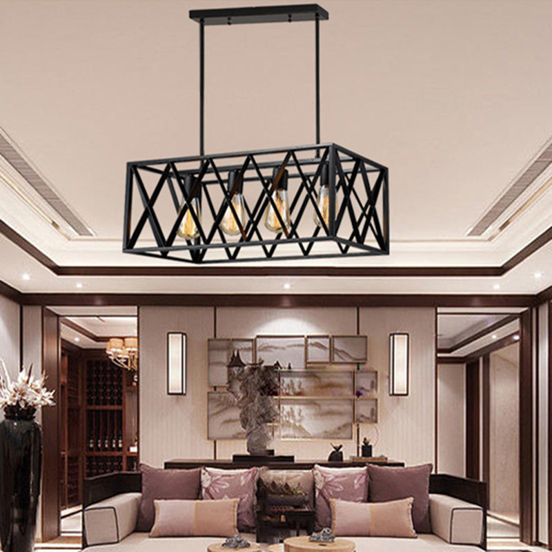 4-Lights Industrial Style Rectangular Island Light Black Wrought Iron Cage Hanging Light for Bar Restaurant