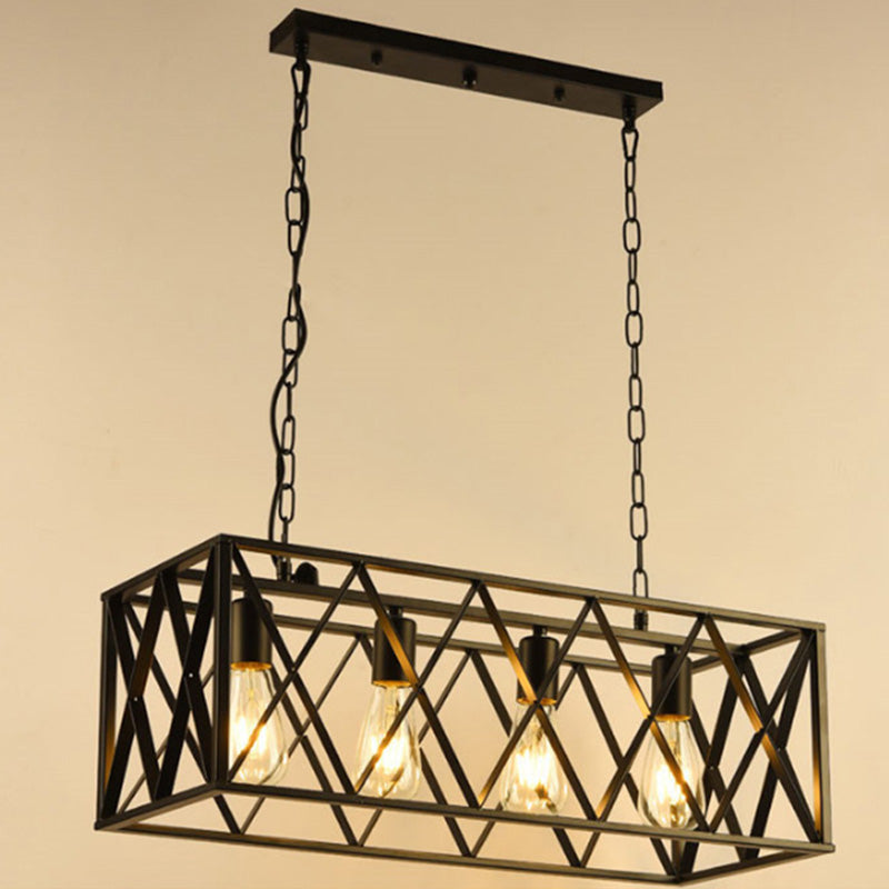 4-Lights Industrial Style Rectangular Island Light Black Wrought Iron Cage Hanging Light for Bar Restaurant