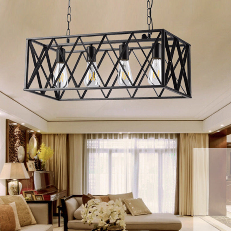 4-Lights Industrial Style Rectangular Island Light Black Wrought Iron Cage Hanging Light for Bar Restaurant