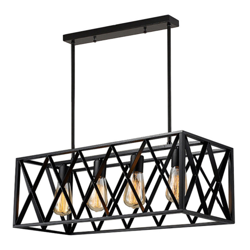 4-Lights Industrial Style Rectangular Island Light Black Wrought Iron Cage Hanging Light for Bar Restaurant
