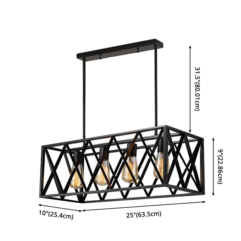4-Lights Industrial Style Rectangular Island Light Black Wrought Iron Cage Hanging Light for Bar Restaurant
