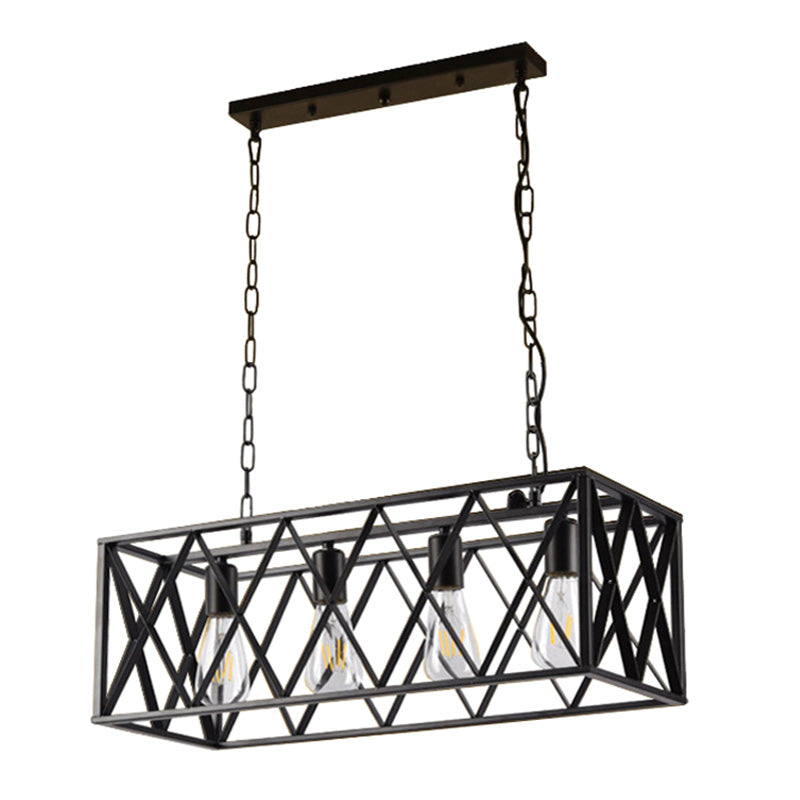 4-Lights Industrial Style Rectangular Island Light Black Wrought Iron Cage Hanging Light for Bar Restaurant