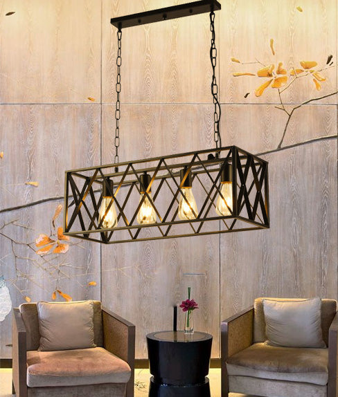 4-Lights Industrial Style Rectangular Island Light Black Wrought Iron Cage Hanging Light for Bar Restaurant