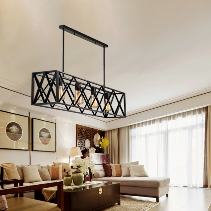4-Lights Industrial Style Rectangular Island Light Black Wrought Iron Cage Hanging Light for Bar Restaurant
