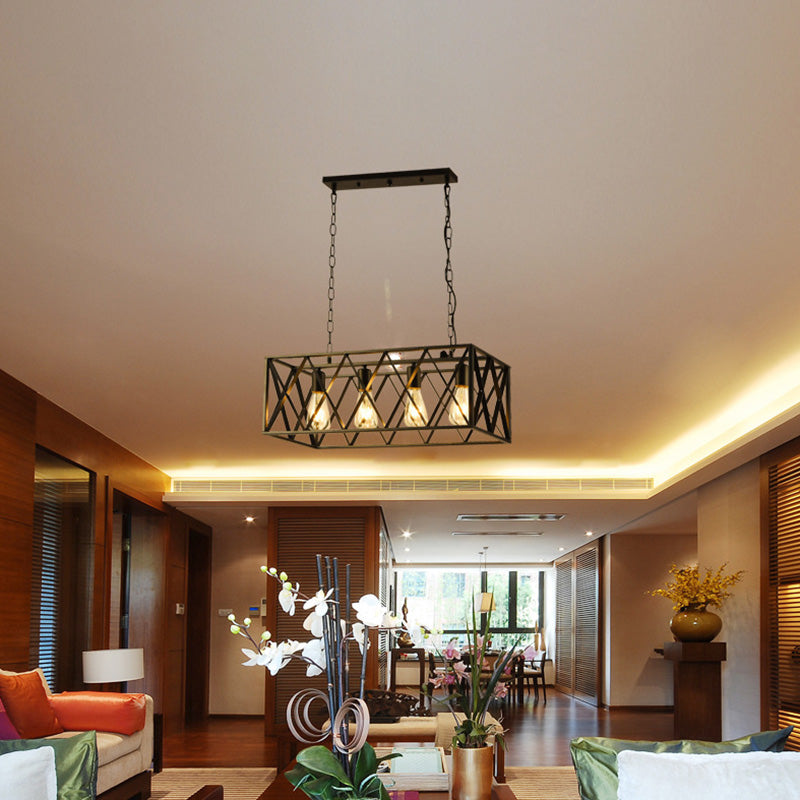 4-Lights Industrial Style Rectangular Island Light Black Wrought Iron Cage Hanging Light for Bar Restaurant
