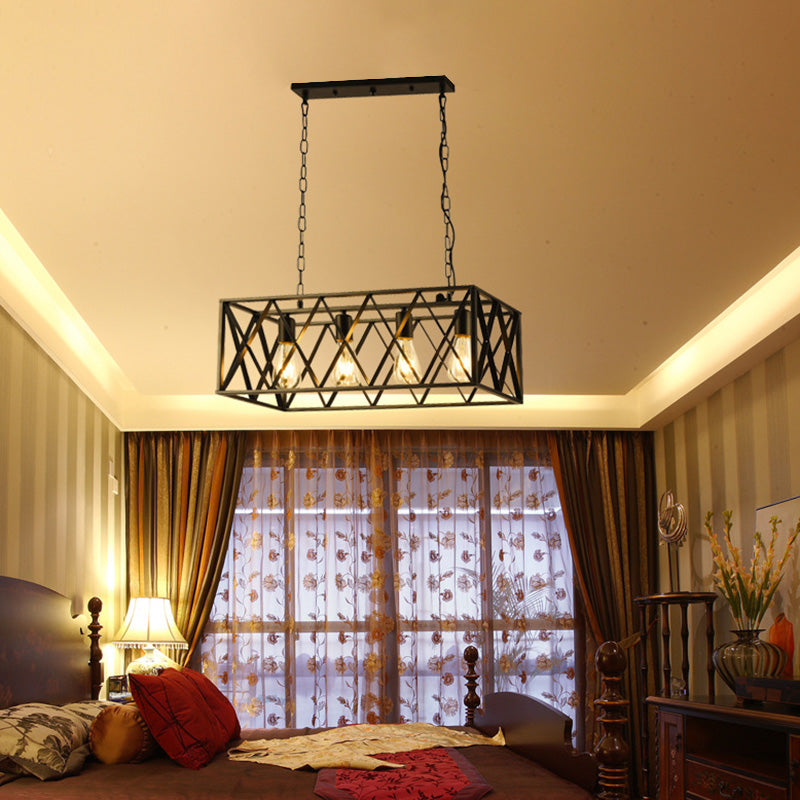 4-Lights Industrial Style Rectangular Island Light Black Wrought Iron Cage Hanging Light for Bar Restaurant