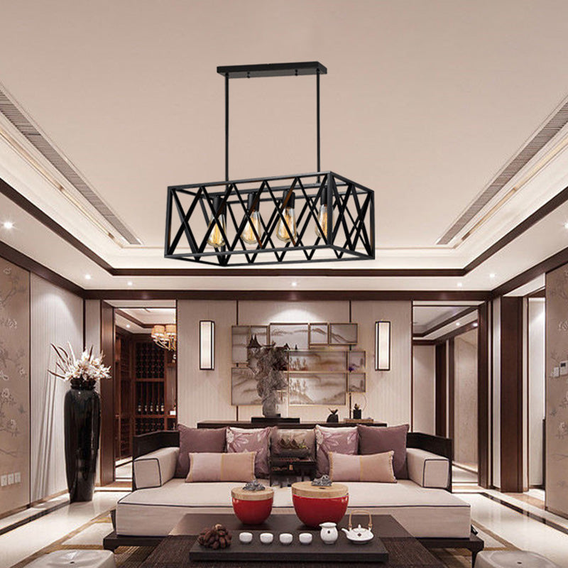 4 luci di stile industriale Isola rettangolare Luce nera in ferro battuto Cage sospesa per bar ristorante