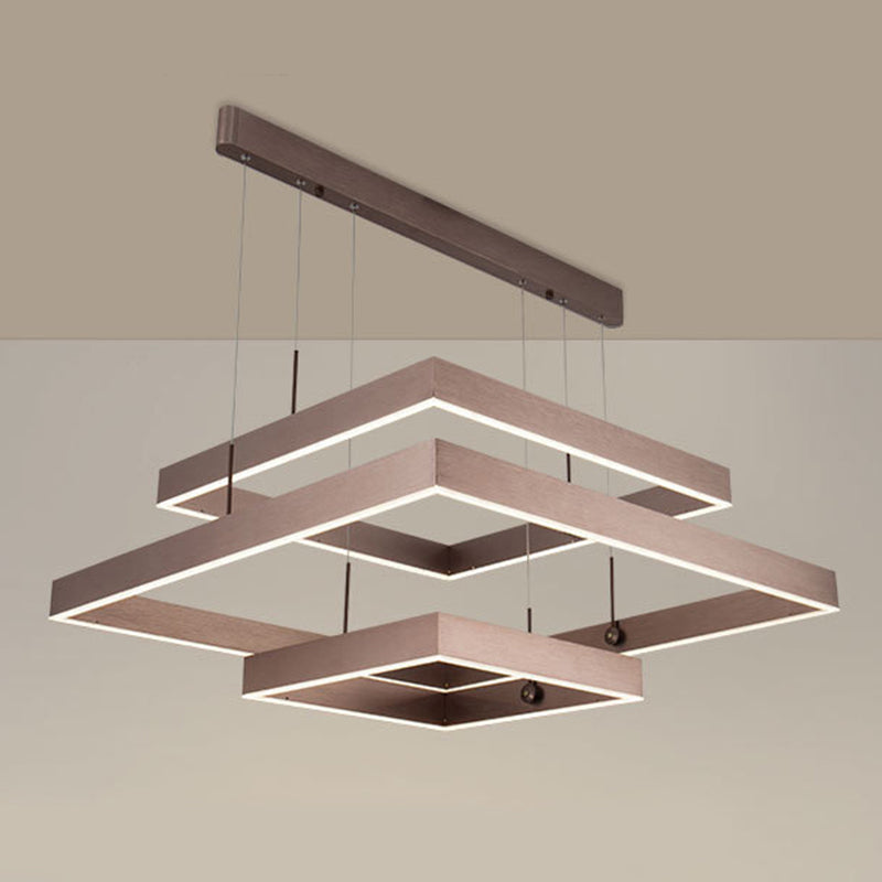 3-Tier Square LED Pendant Light Modern Metal Coffee Finish Chandelier for Living Room