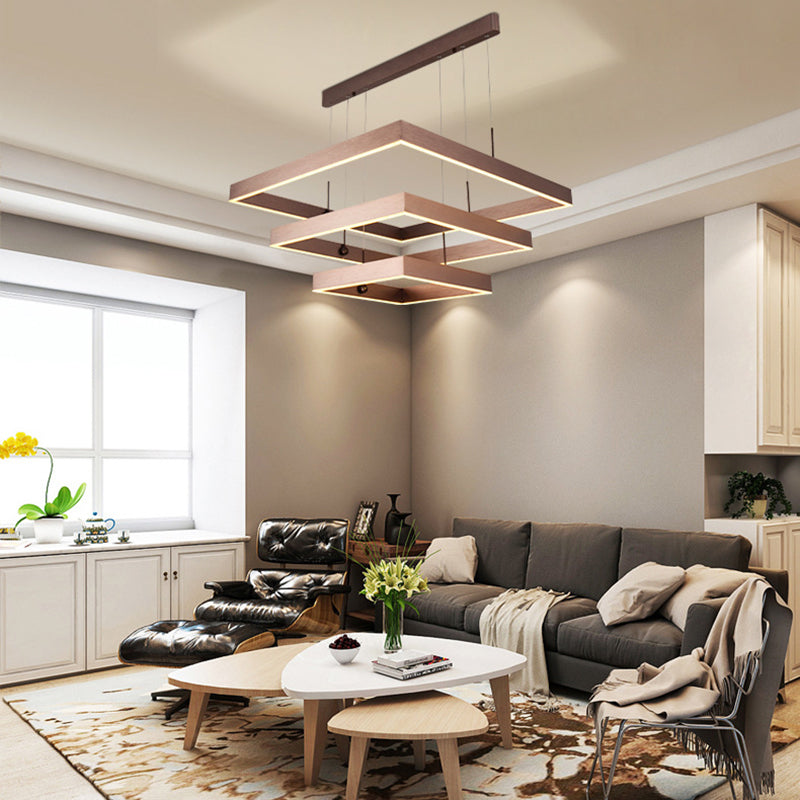 3-Tier Square LED Pendant Light Modern Metal Coffee Finish Chandelier for Living Room