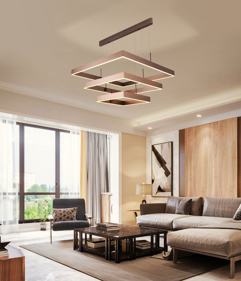 3-Tier Square LED Pendant Light Modern Metal Coffee Finish Chandelier for Living Room