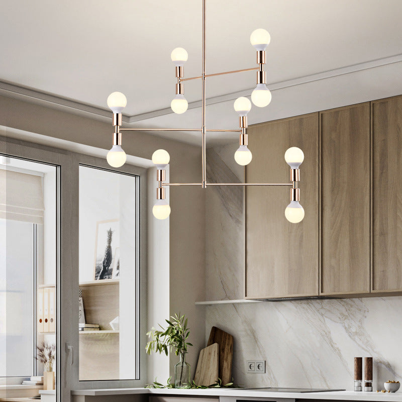 Postmodern 3-Arm Chandelier Metallic 12-Bulb Living Room Hanging Lamp with Shadeless Design