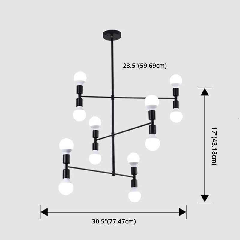 Postmodern 3-Arm Chandelier Metallic 12-Bulb Living Room Hanging Lamp with Shadeless Design