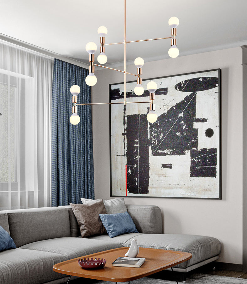 Postmodern 3-Arm Chandelier Metallic 12-Bulb Living Room Hanging Lamp with Shadeless Design