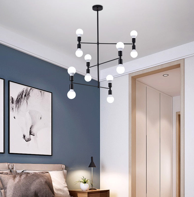 Postmodern 3-Arm Chandelier Metallic 12-Bulb Living Room Hanging Lamp with Shadeless Design
