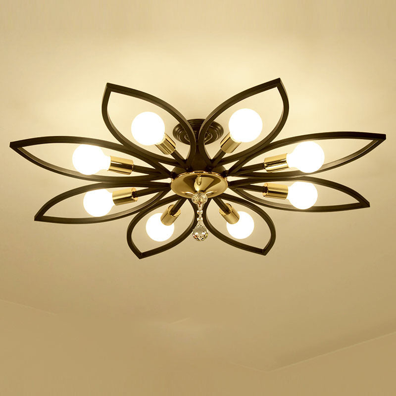 Floriated Semi Flush Mount in Industrial Retro Style Bare Bulb Metal Ceiling Light in Black