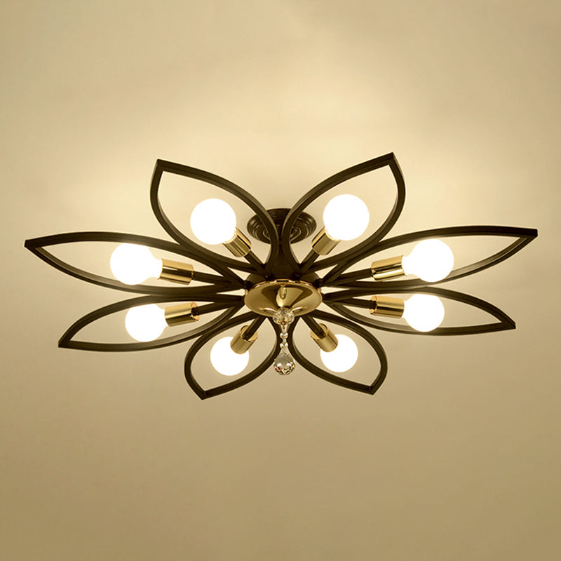 Floriated Semi Flush Mount in Industrial Retro Style Bare Bulb Metal Ceiling Light in Black