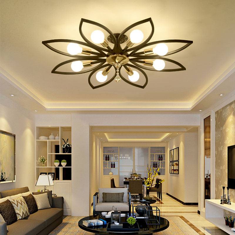 Floriated Semi Flush Mount in Industrial Retro Style Bare Bulb Metal Ceiling Light in Black