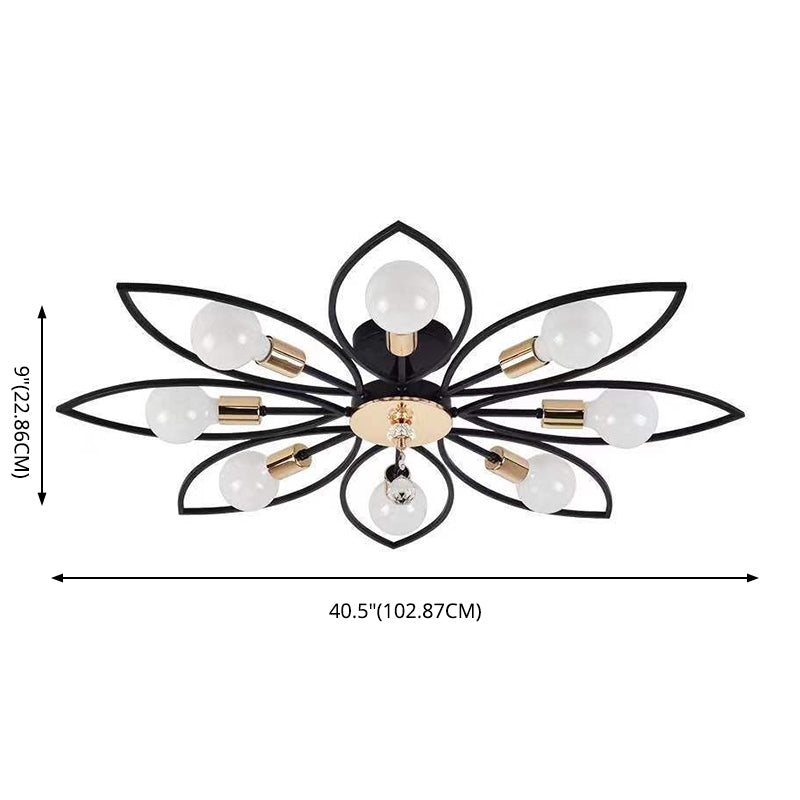 Floriated Semi Flush Mount in Industrial Retro Style Bare Bulb Metal Ceiling Light in Black