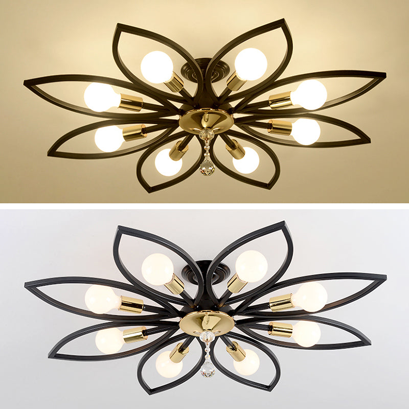 Floriated Semi Flush Mount in Industrial Retro Style Bare Bulb Metal Ceiling Light in Black