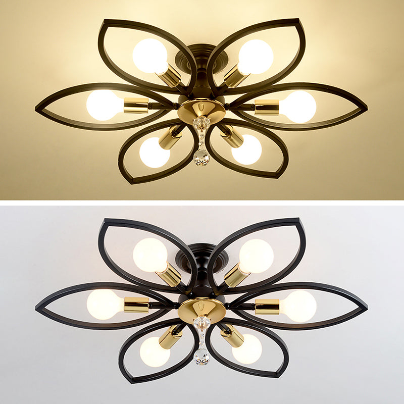 Floriated Semi Flush Mount in Industrial Retro Style Bare Bulb Metal Ceiling Light in Black