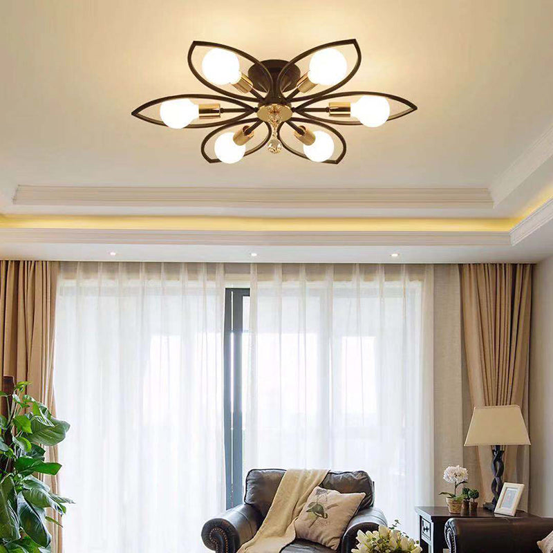Floriated Semi Flush Mount in Industrial Retro Style Bare Bulb Metal Ceiling Light in Black