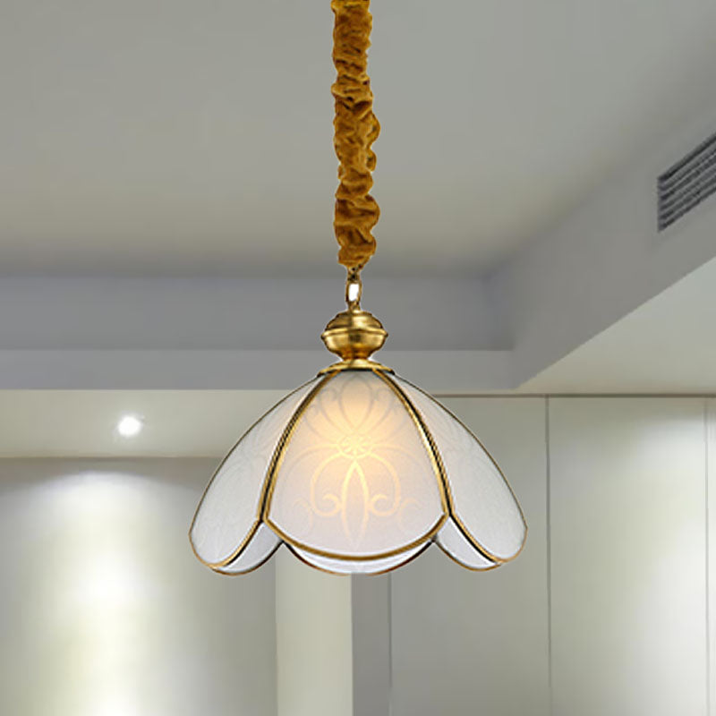 Colonial Flower Hanging Pendant 1 Head Frosted White Glass Suspended Lighting Fixture for Hall