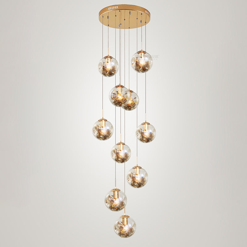 Spherical 10-Light Pendant Modern Cognac Glass Stairway Multiple Hanging Lamp with Shatter Flower Inside
