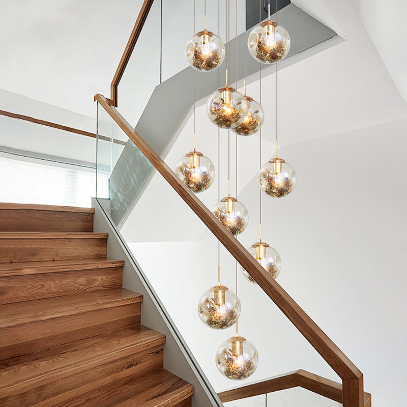 Spherical 10-Light Pendant Modern Cognac Glass Stairway Multiple Hanging Lamp with Shatter Flower Inside