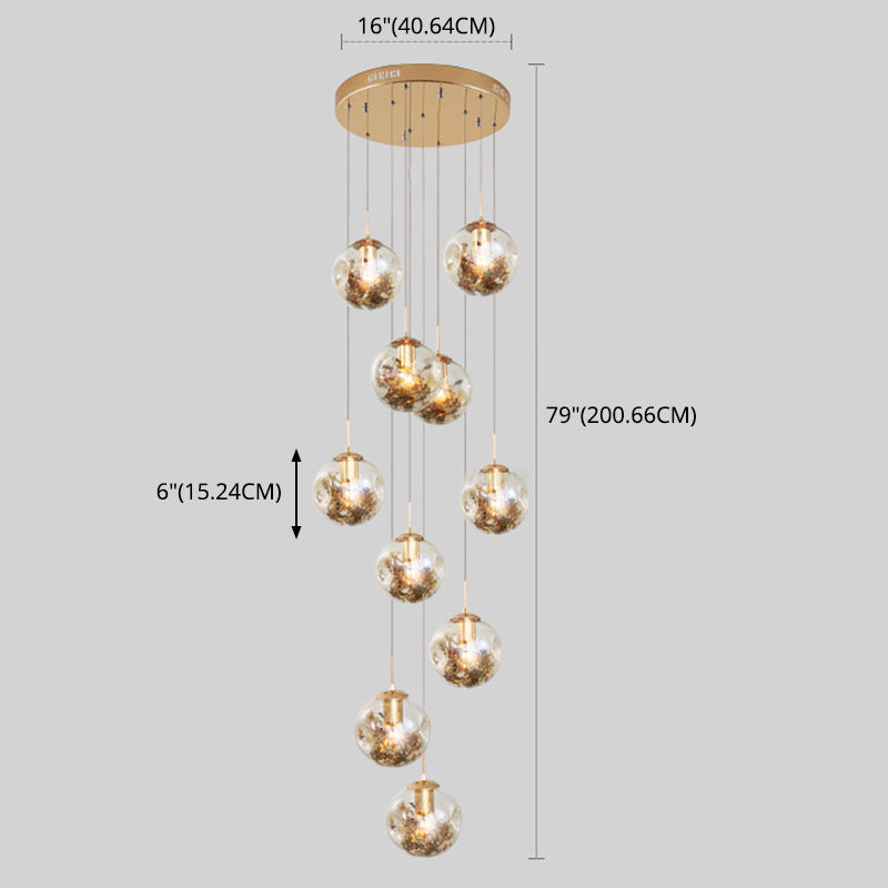 Spherical 10-Light Pendant Modern Cognac Glass Stairway Multiple Hanging Lamp with Shatter Flower Inside