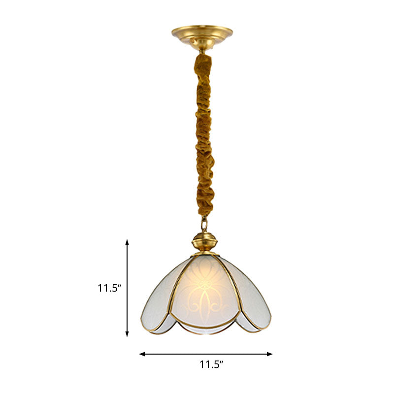 Colonial Flower Hanging Pendant 1 Head Frosted White Glass Suspended Lighting Fixture for Hall