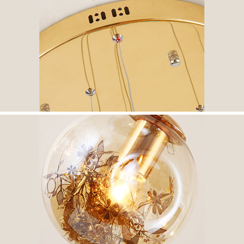 Spherical 10-Light Pendant Modern Cognac Glass Stairway Multiple Hanging Lamp with Shatter Flower Inside