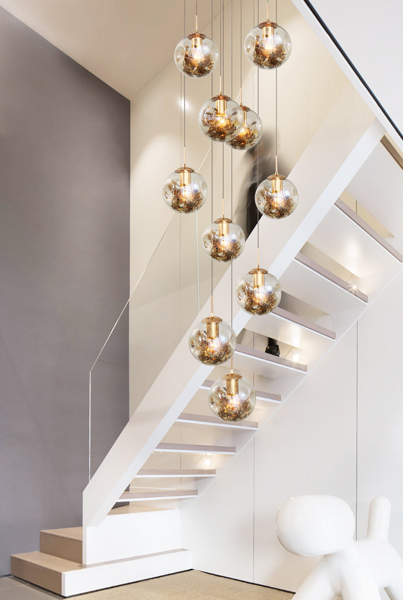 Spherical 10-Light Pendant Modern Cognac Glass Stairway Multiple Hanging Lamp with Shatter Flower Inside