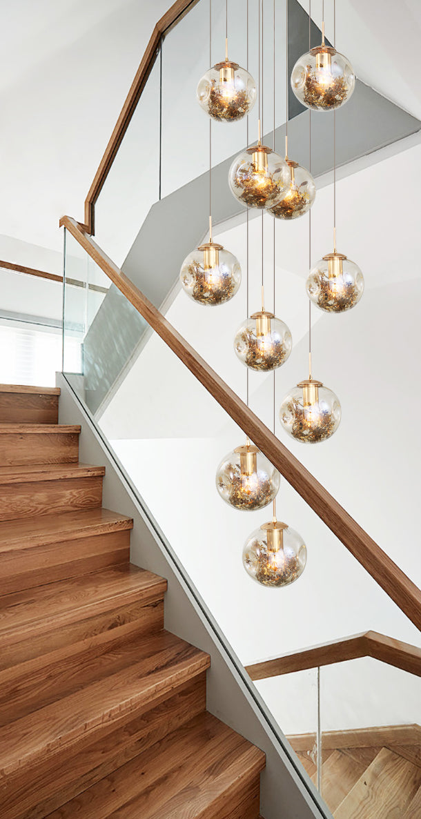 Spherical 10-Light Pendant Modern Cognac Glass Stairway Multiple Hanging Lamp with Shatter Flower Inside