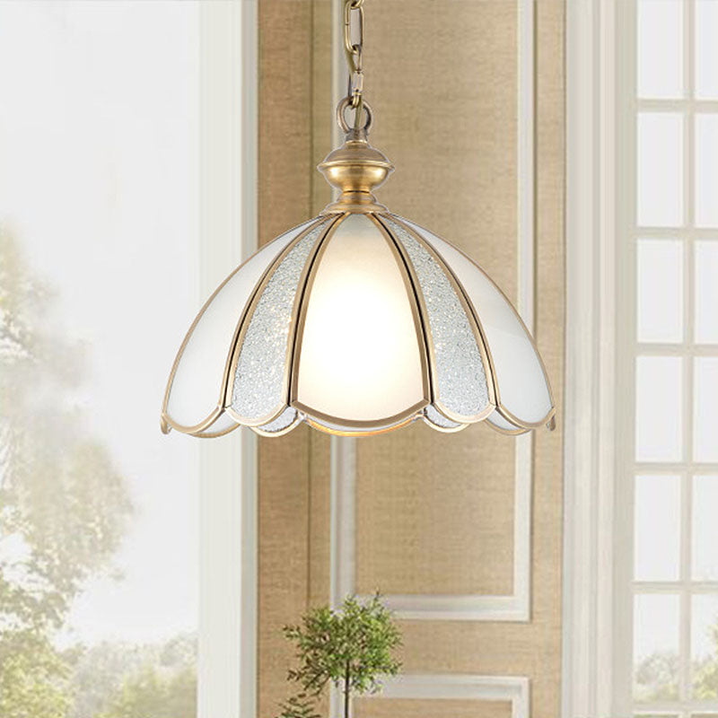 1 Bulb Ceiling Pendant Light Colonialism Kitchen Hanging Lamp with Scallop White Glass Shade