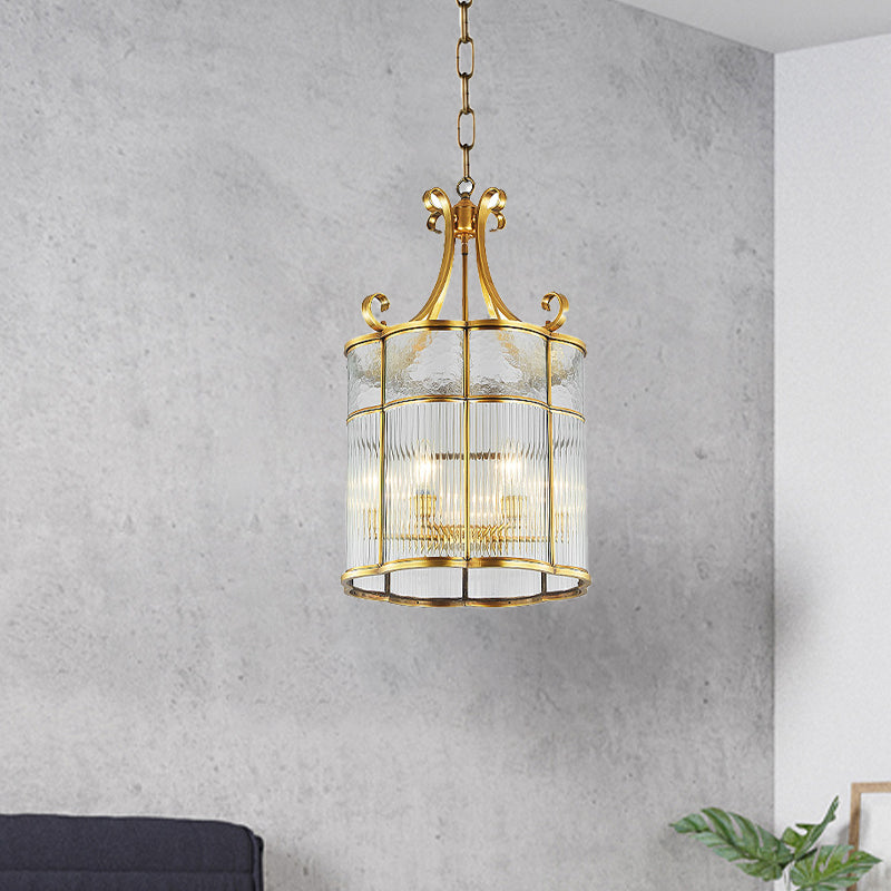22"/23" H 4 Bulbs Cylinder Pendant Lamp Colonial Gold Clear Prismatic Glass Chandelier Light Fixture for Living Room