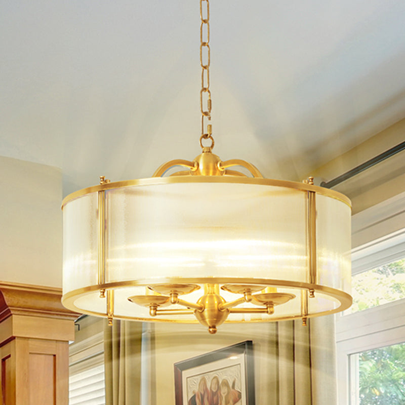 Drum Kitchen Ceiling Chandelier Colonial Frosted Ribbed Glass 4/5 Heads Gold Hanging Light Fixture